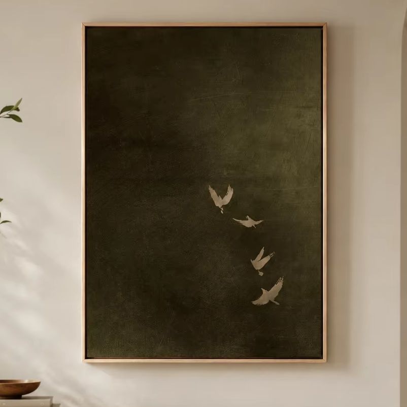 Home Decor Green - 올리브 그린 버드 캔버스 아트, 다크