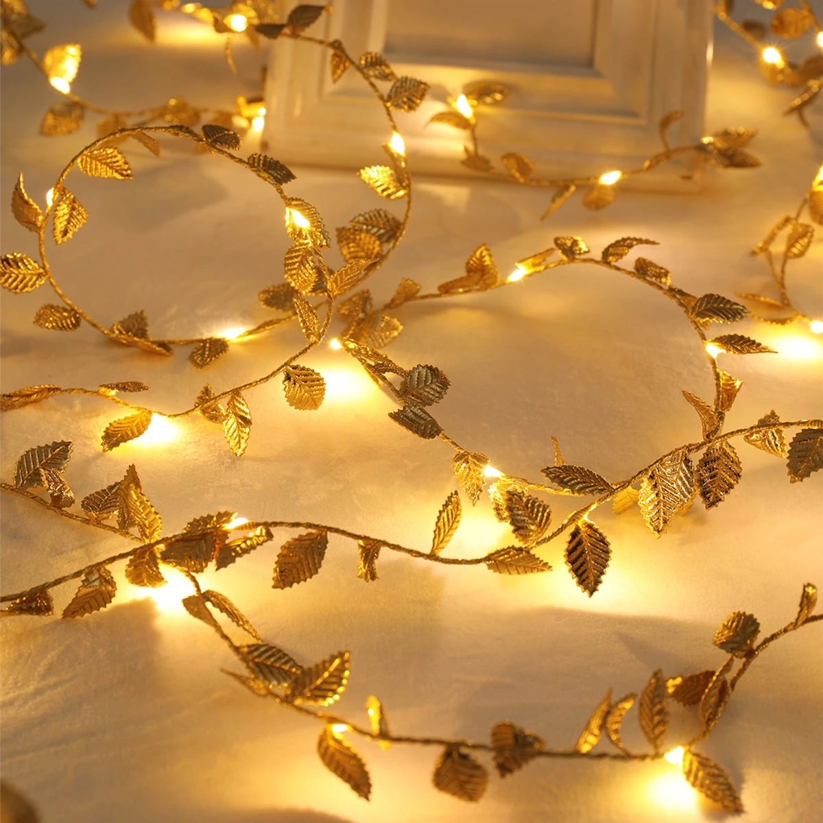 Rope Light Decoration - 20/50/100LED 황금 은색 작은 잎 요정