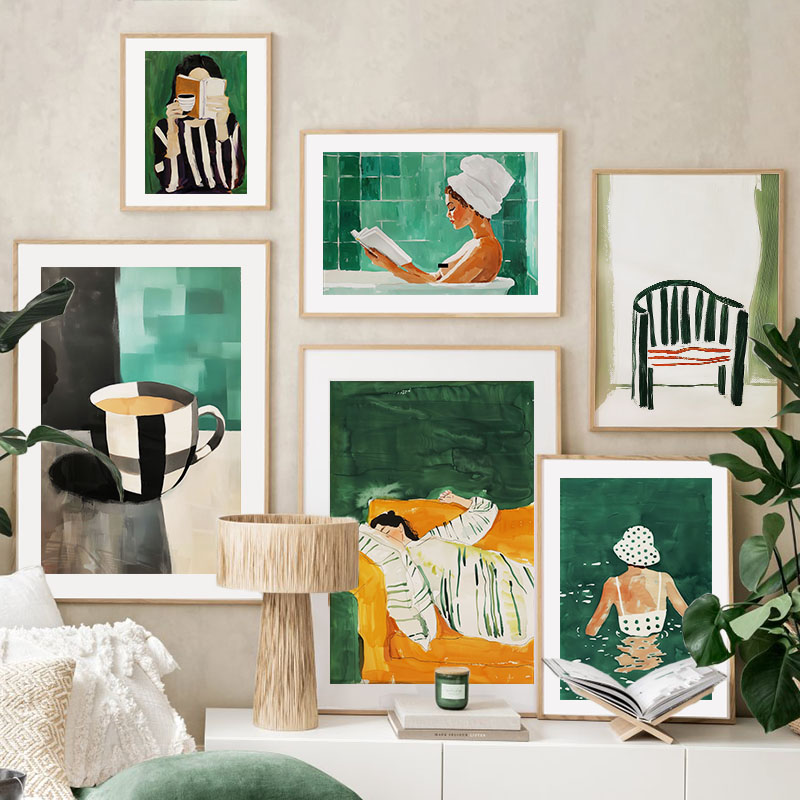 Home Decor Green - 녹색 줄무늬 소녀 책 커피 욕조
