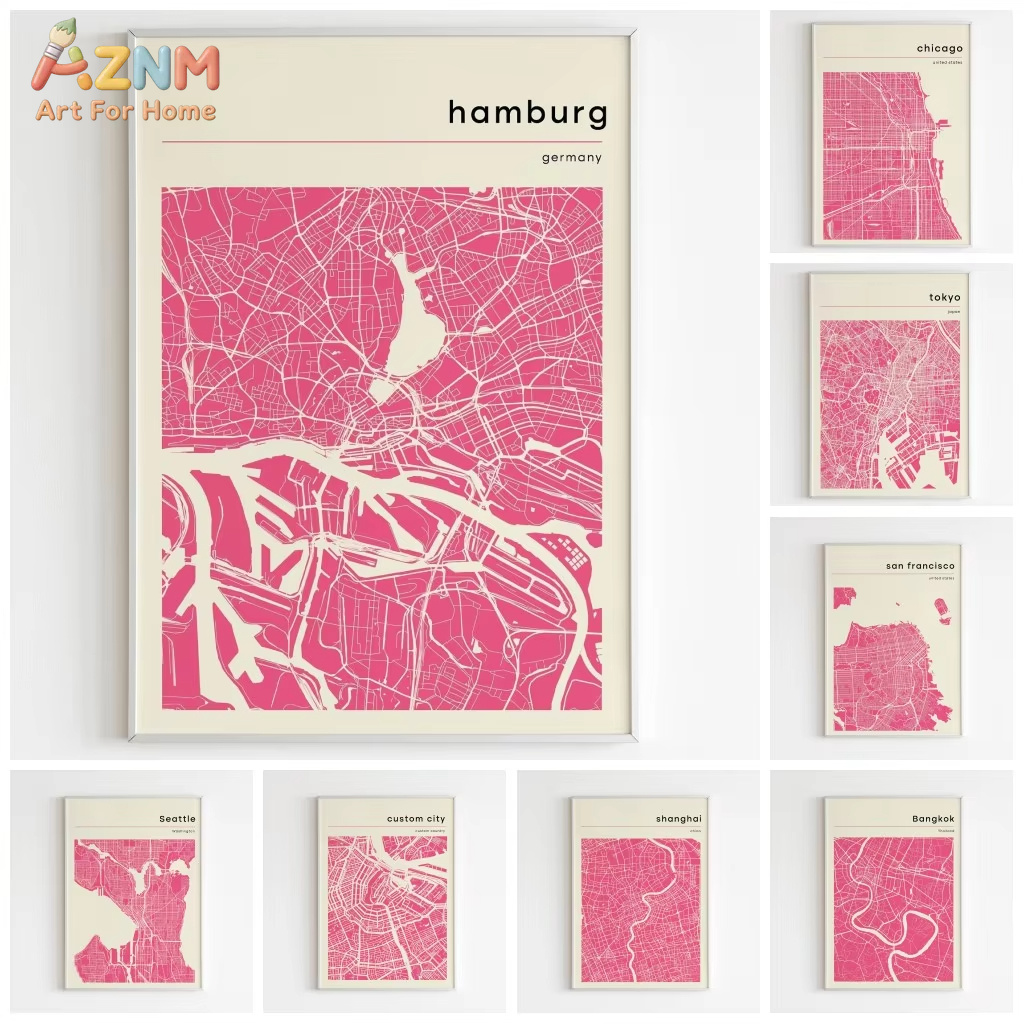 1PC, 도시 지도 포스터 및 인쇄물 핑크 화이트 방콕 - Home Decor Tokyo 리뷰 및 가격