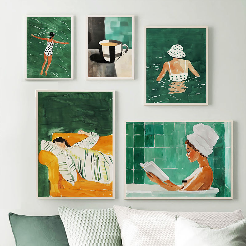 녹색 줄무늬 소녀 책 커피 욕조 추상 포스터 벽 예술  - Home Decor Green 리뷰 및 가격