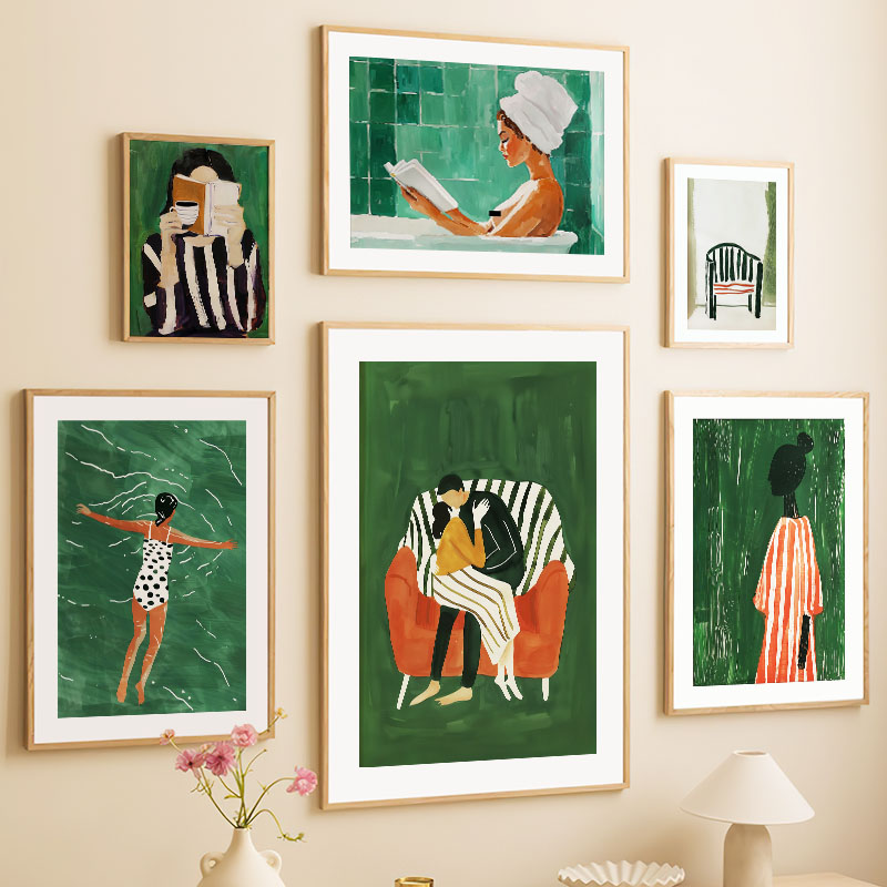 녹색 줄무늬 소녀 책 커피 욕조 추상 포스터 벽 예술  - Home Decor Green 리뷰 및 가격